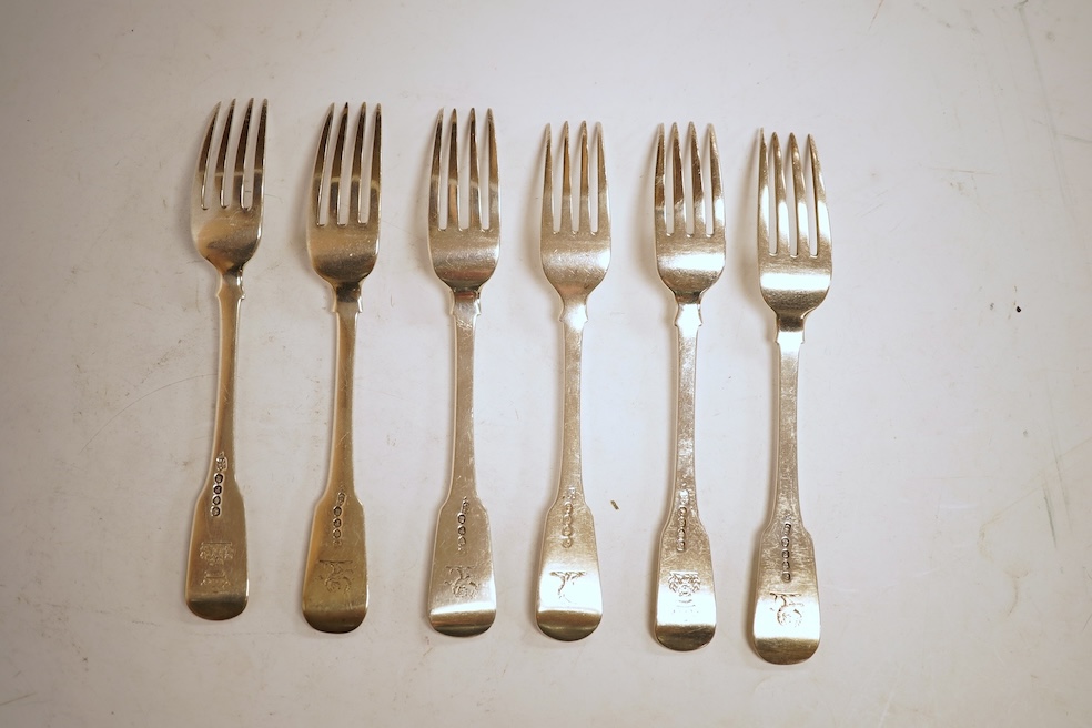 A matched set of six George III fiddle pattern silver table forks, all London, 1810, various makers, including three by Godbehere, Wigan and Bolt, 13.7oz.